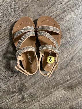 Soda Girls Tan Sandals with Sparkling Rhinestone Straps